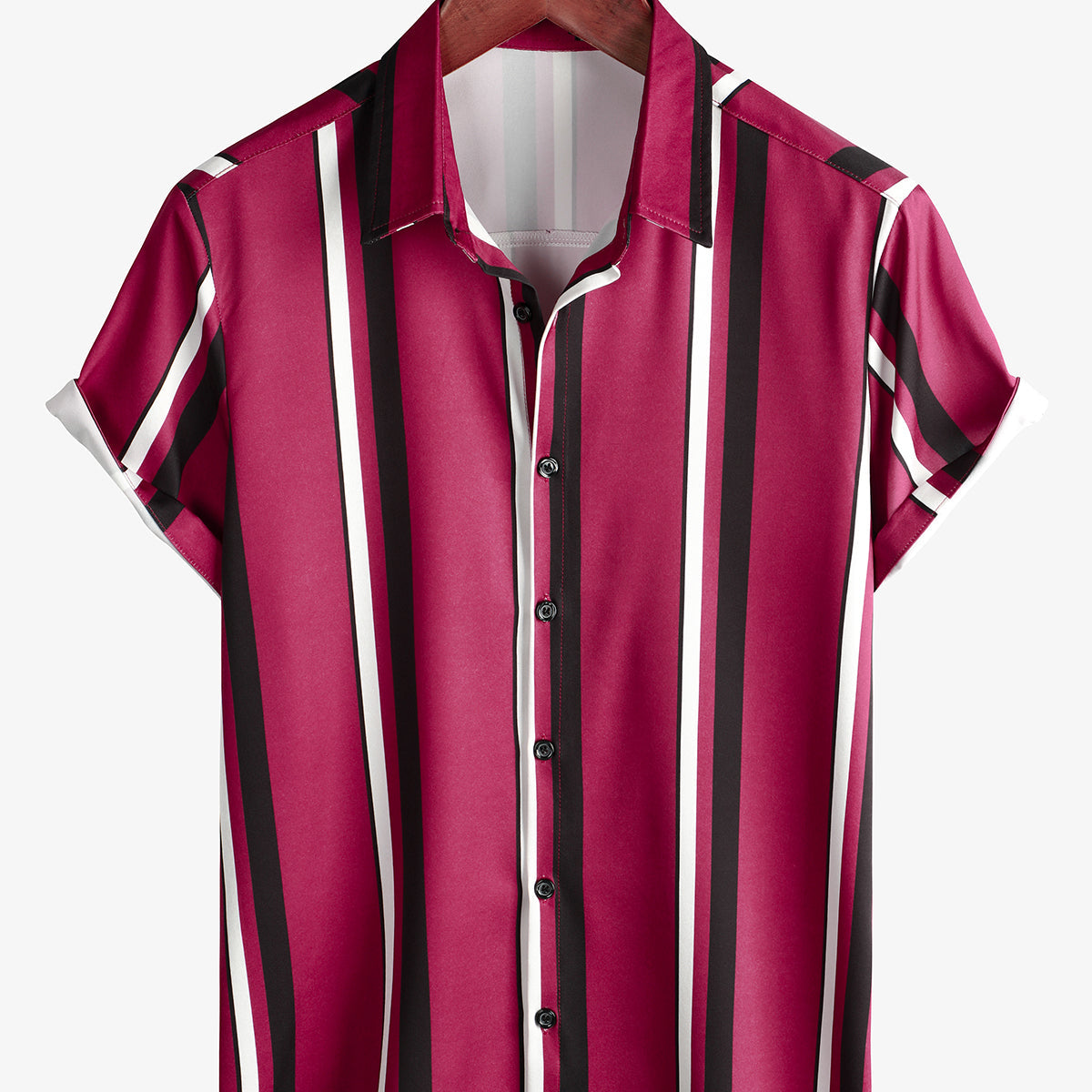 Men's Casual Red Wide Vertical Striped Short Sleeve Button Up Shirt