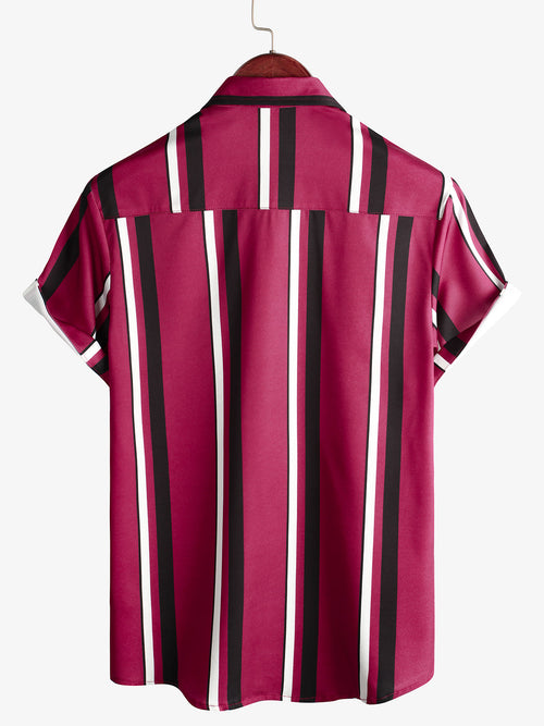 Men's Casual Red Wide Vertical Striped Short Sleeve Button Up Shirt