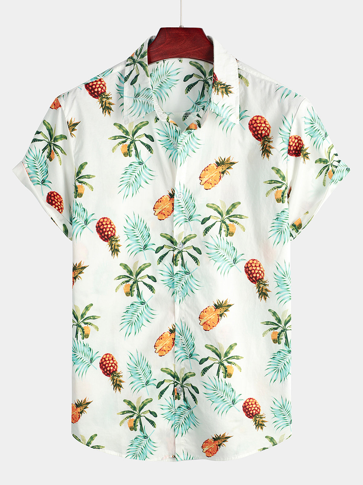 Men's Pineapple Print Cotton Tropical Fruit Holiday Short Sleeve Button Up Beach Hawaiian Shirt