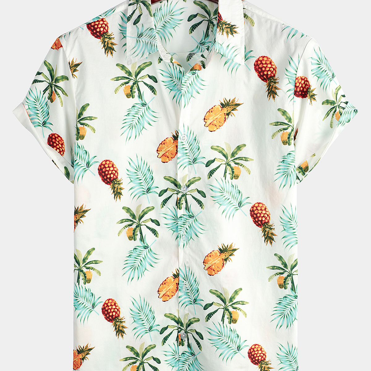 Men's Pineapple Print Cotton Tropical Fruit Holiday Short Sleeve Button Up Beach Hawaiian Shirt