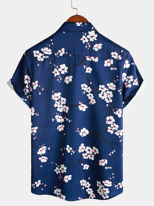 Men's Flower Graphic Print Casual Cherry blossom Button Navy Blue Short Sleeve Shirt