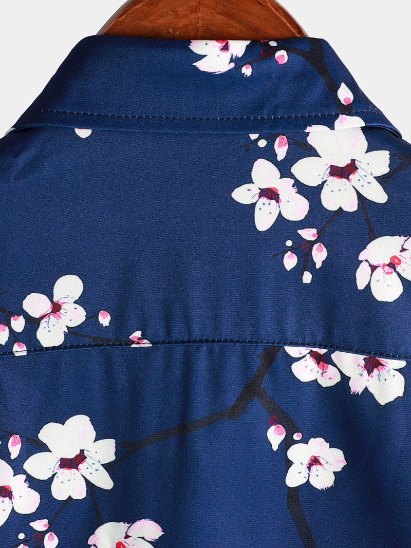 Men's Flower Graphic Print Casual Cherry blossom Button Navy Blue Short Sleeve Shirt