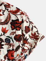 Men's Beige Floral Print Pocket Short Sleeve Hawaiian Shirt