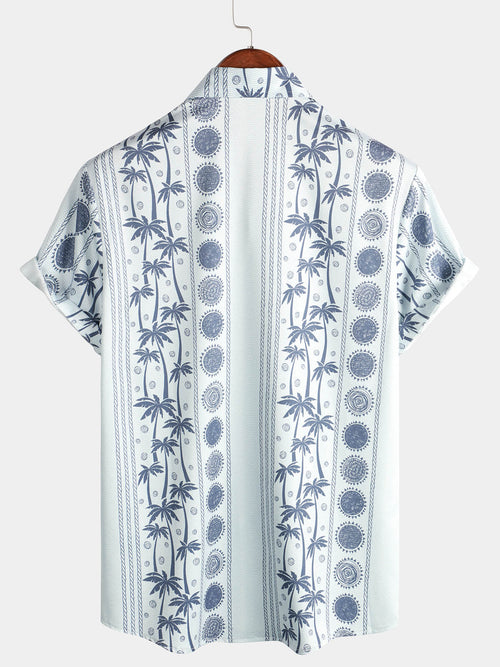 Men's Palm Tree Print Striped Sun Beach Short Sleeve Tropical Light Blue Button Up Hawaiian Shirt