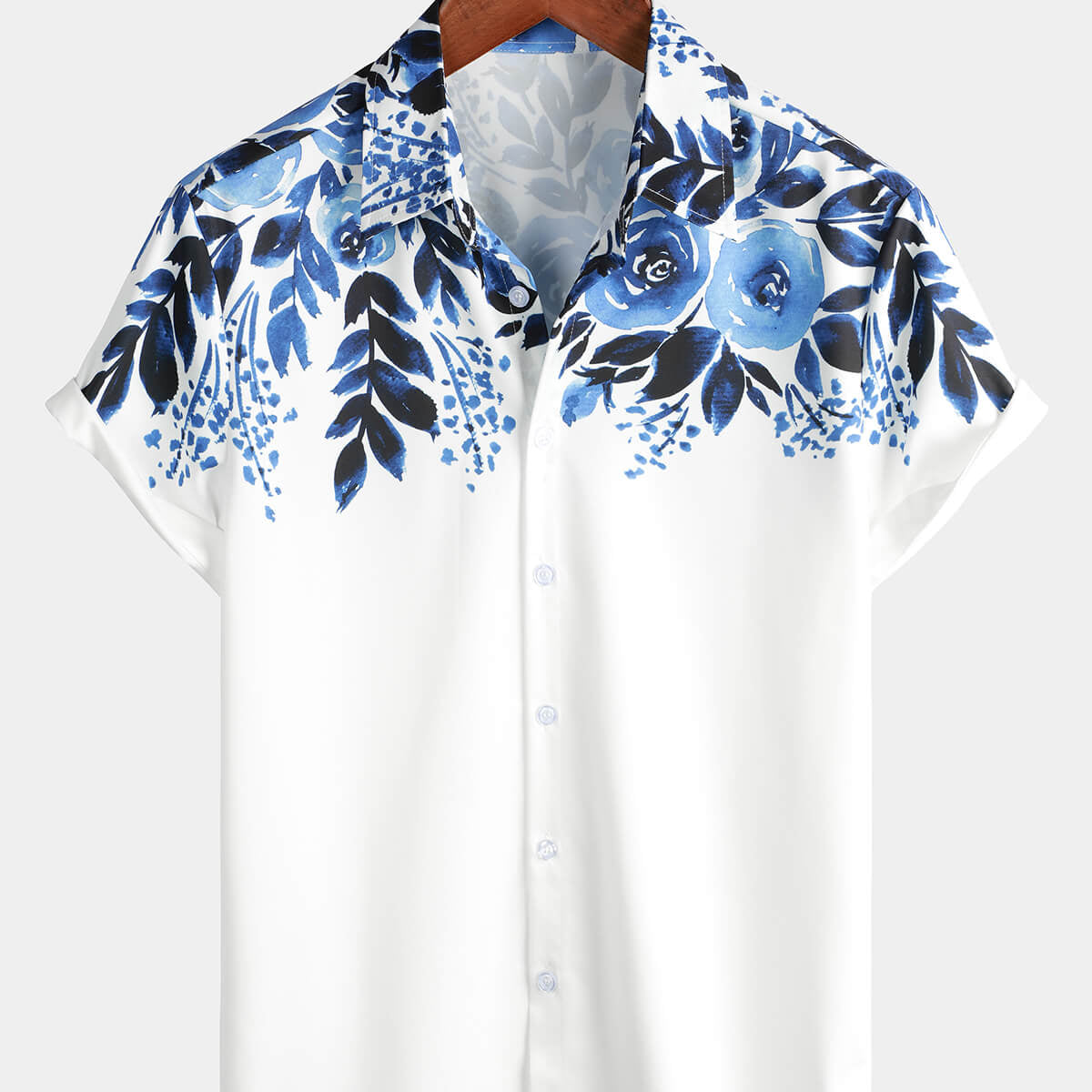Men's Blue Floral Print Art Short Sleeve Beach Cool Holiday Button Up White Shirt