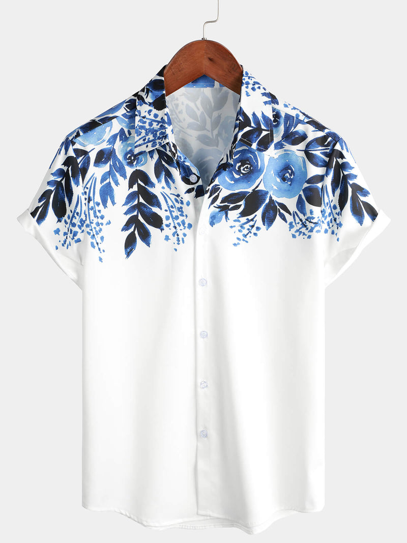 Men's Blue Floral Print Art Short Sleeve Beach Cool Holiday Button Up White Shirt
