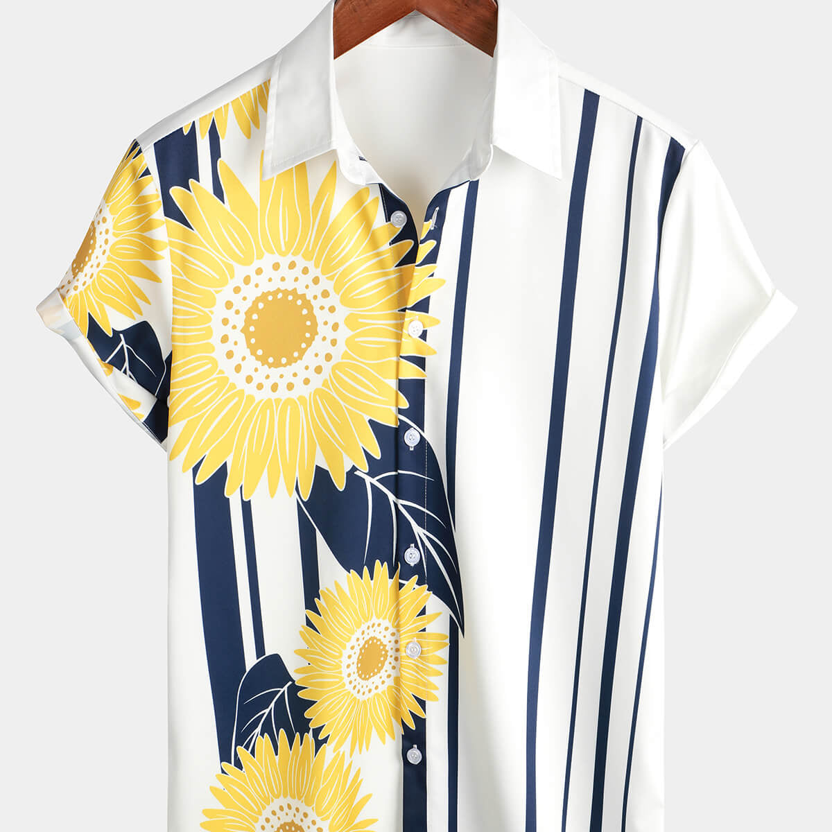 Camisa hawaiana vintage con botones tropicales de manga corta a rayas con estampado floral amarillo girasol para hombre