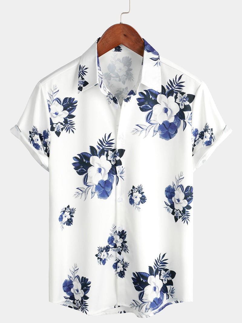 Bundle Of 2 | Men's Floral Holiday Summer Print Casual White Beach Short Sleeve Shirts