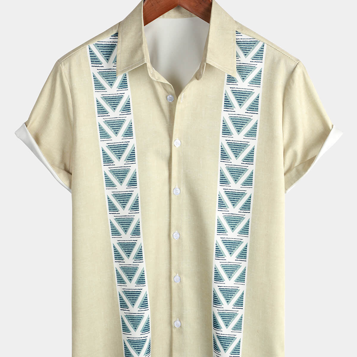 Men's Casual Geometric Blue Bowling Striped 50s Vintage Short Sleeve Button Up Shirt