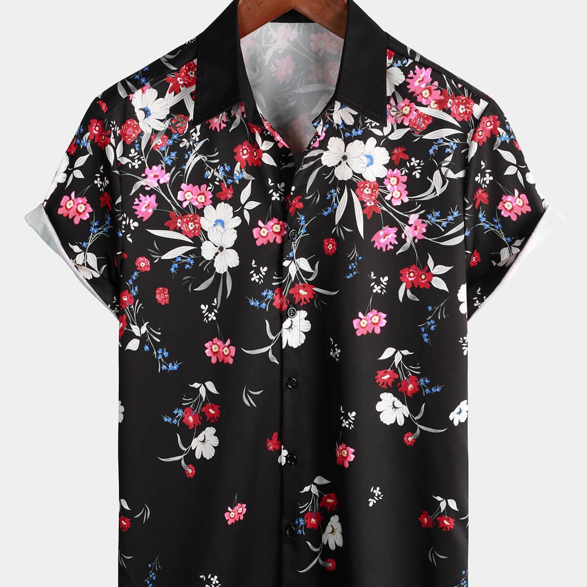 Men's Pink Floral Vacation Short Sleeve Button Camp Black Hawaiian Shirt