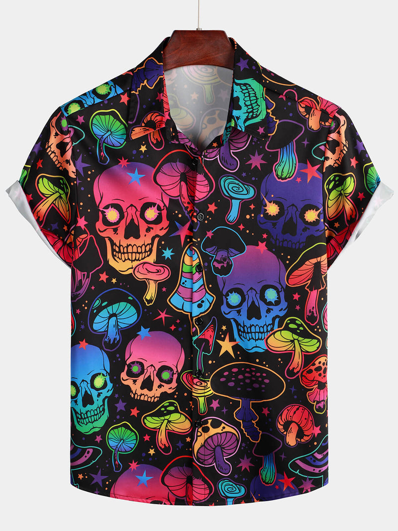 Men's Magic Mushroom Button Up Funny Hawaiian Party Rockabilly Style Short Sleeve Cool Shirt
