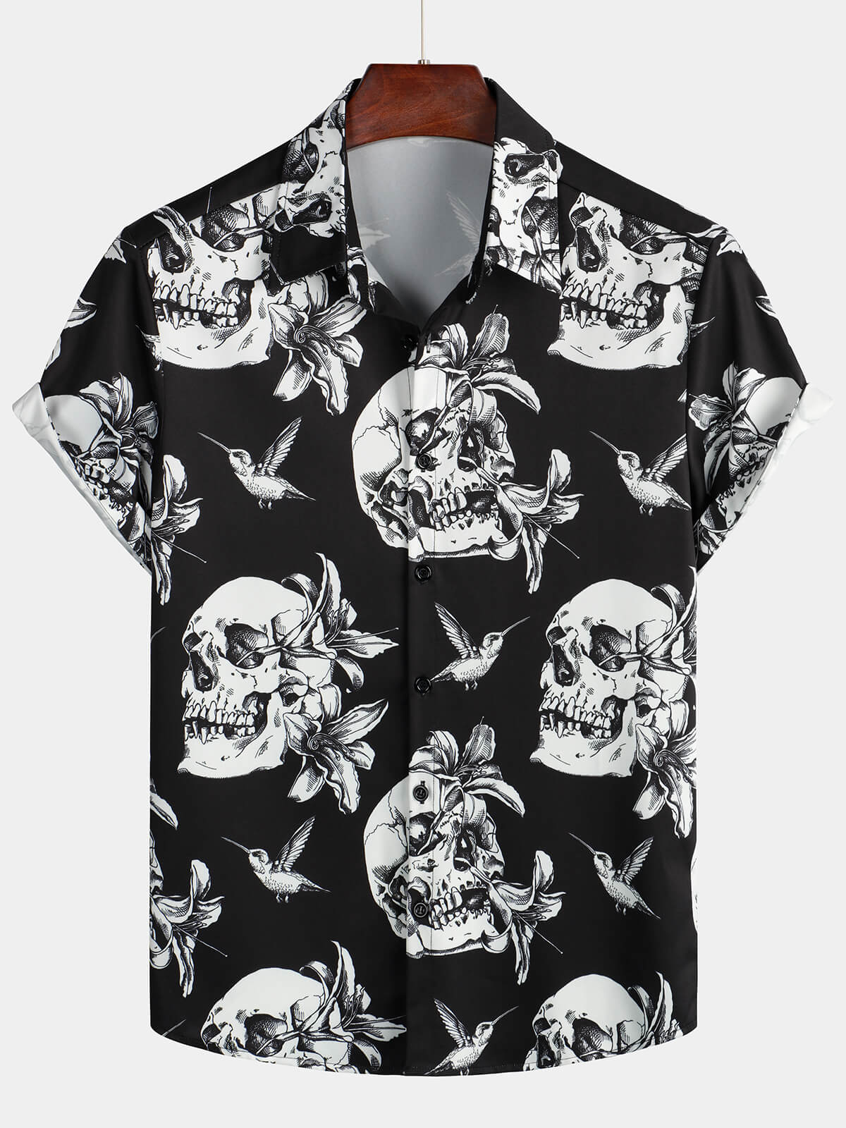 Camisa hawaiana negra de manga corta con botones Cool Rock Punk Rocker Skull Hummingbird para hombre