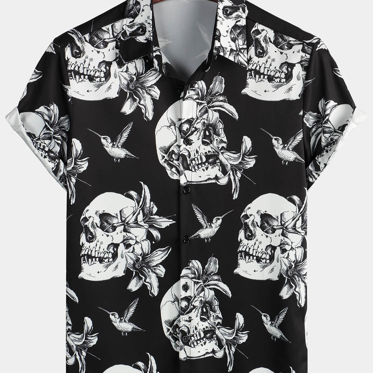 Camisa hawaiana negra de manga corta con botones Cool Rock Punk Rocker Skull Hummingbird para hombre