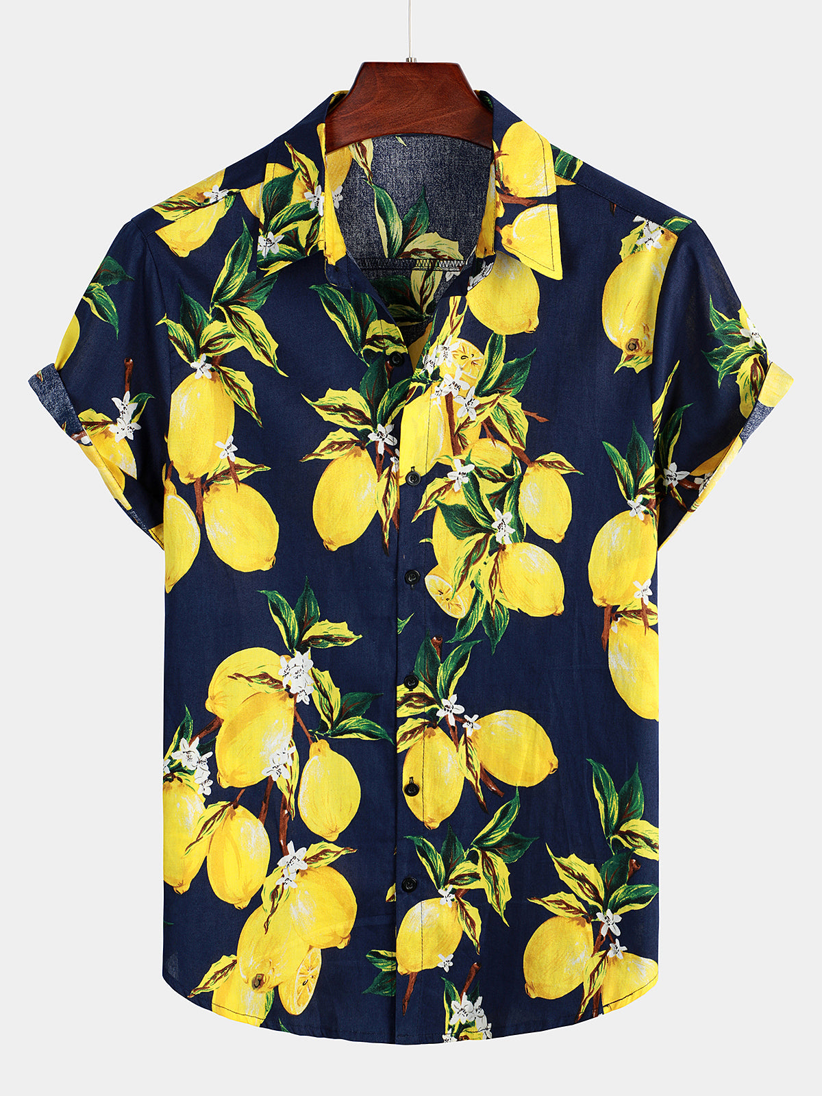 Men's Yellow Lemon Print Short Sleeve Hawaiian Shirt