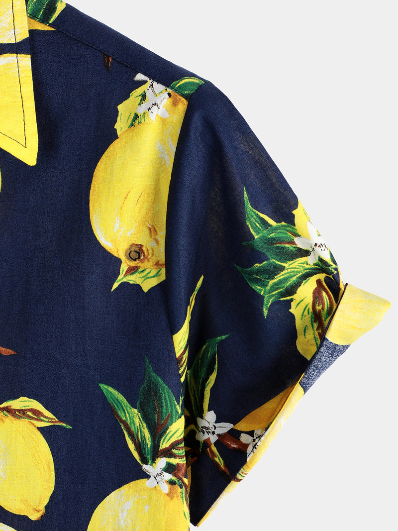 Men's Tropical Yellow Lemon Print Hawaiian Short Sleeve Shirt