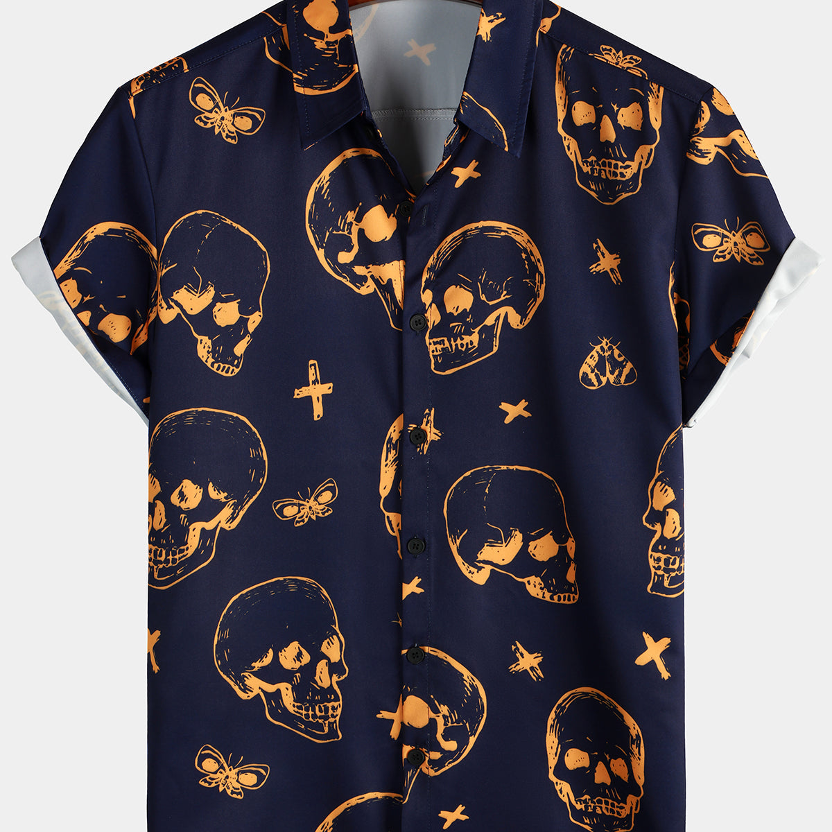 Men's Orange Skull Print Art Graphic Button up Short Sleeve Aloha Hawaiian Shirt