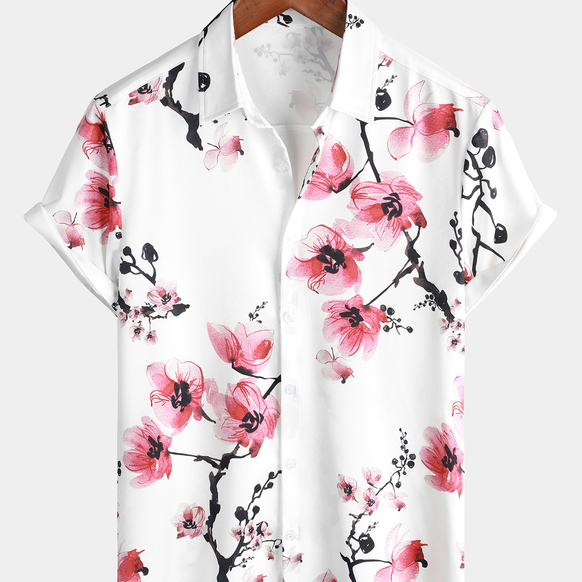 Camisa casual de manga corta con estampado floral rosa y flores de cerezo para hombre