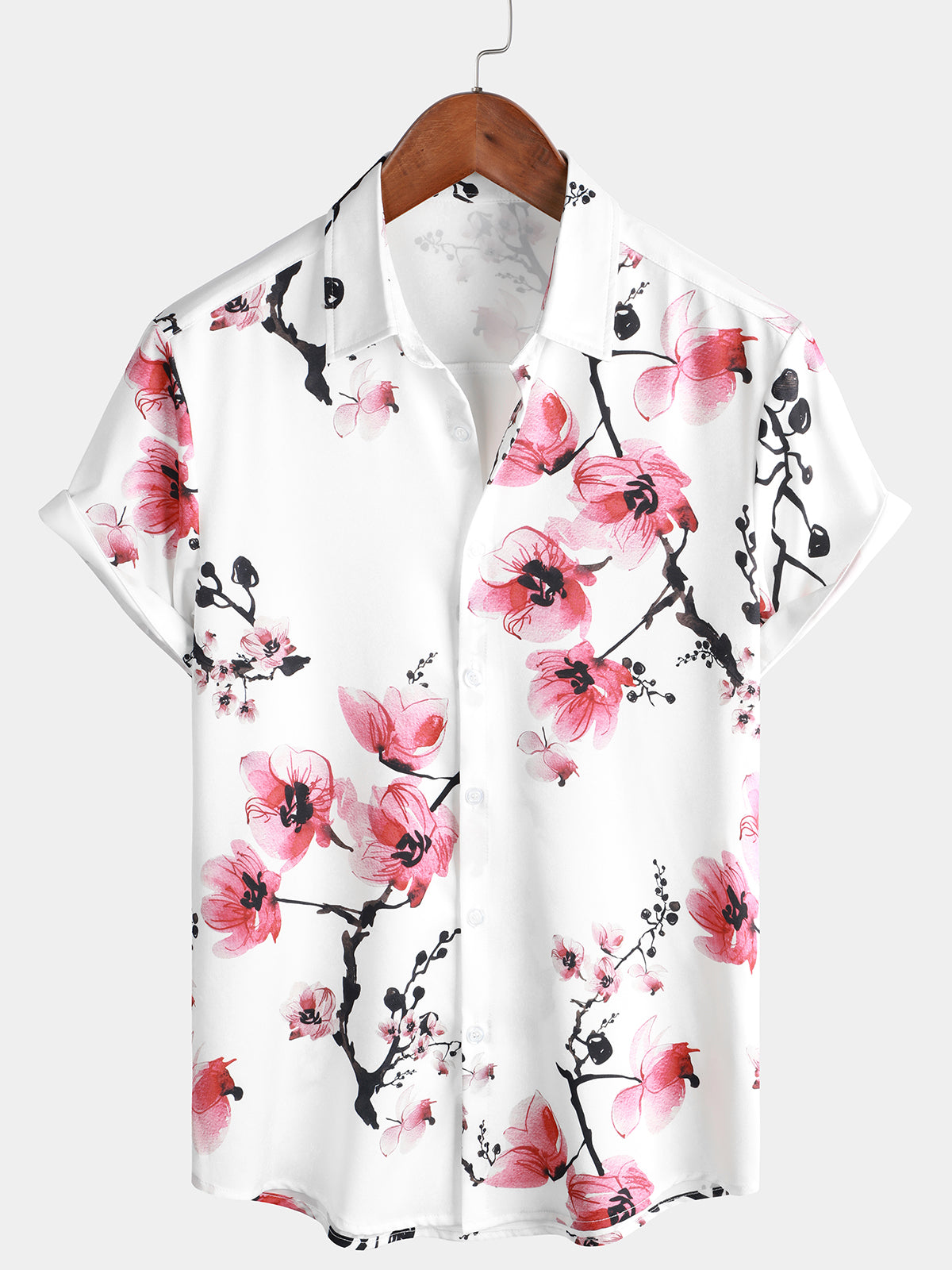 Men's Casual Pink Floral Print Summer Button Up Flower Short Sleeve Cherry Blossom Shirt