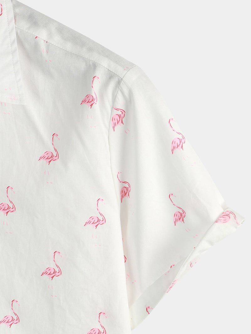 Men's Pink Flamingo Print Short Sleeve Button Up Shirt