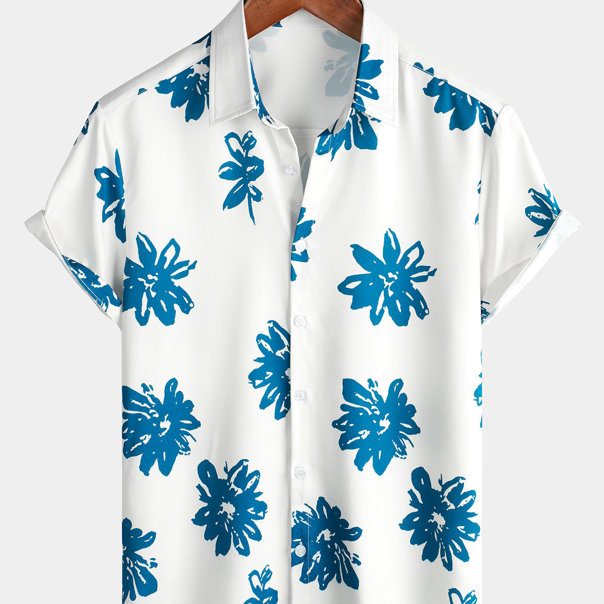 Camisa de solapa blanca de manga corta con botones de vacaciones en la playa con estampado floral azul para hombre
