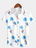 Men's Tropical Palm Tree Parrot Animal Cocktail Print Button Up Casual Hawaiian Holiday Party Short Sleeve Shirt
