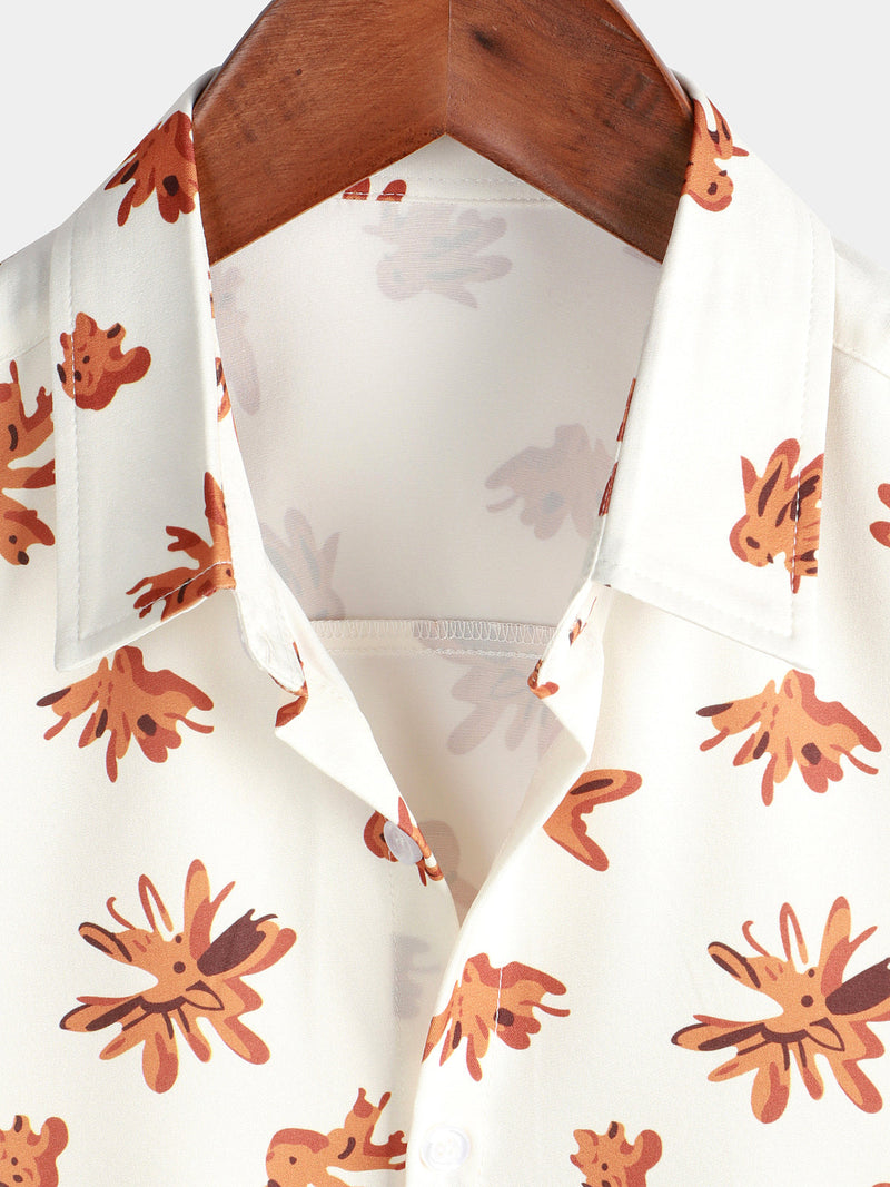 Men's Floral Print Button Up Hawaiian Beach Short Sleeve Beige Shirt
