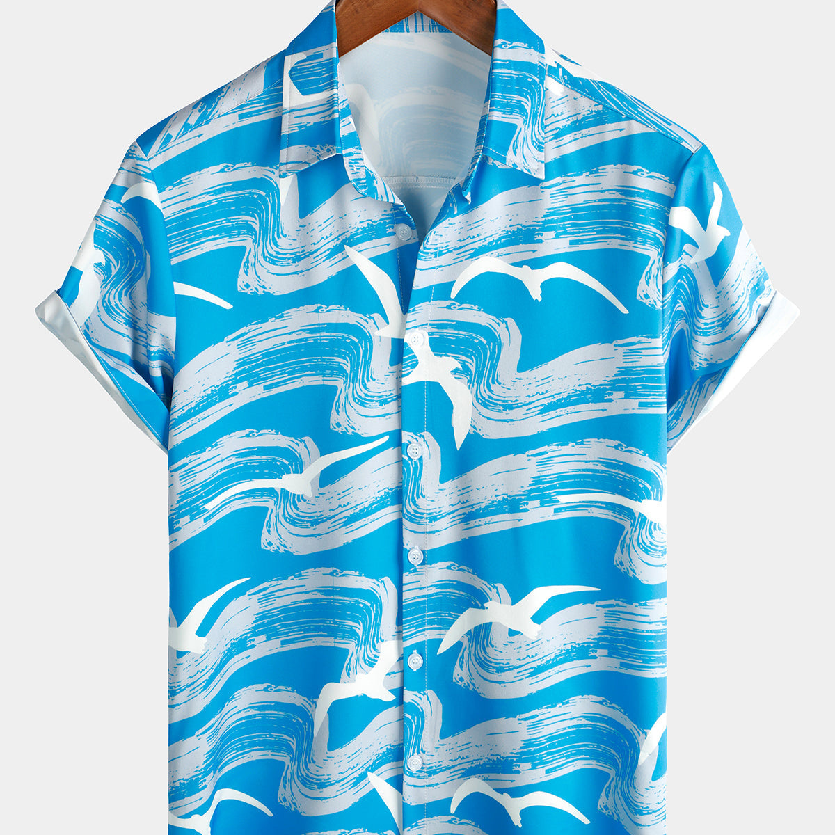 Camisa de manga corta hawaiana con botones de fiesta de verano con estampado de olas azules para hombre