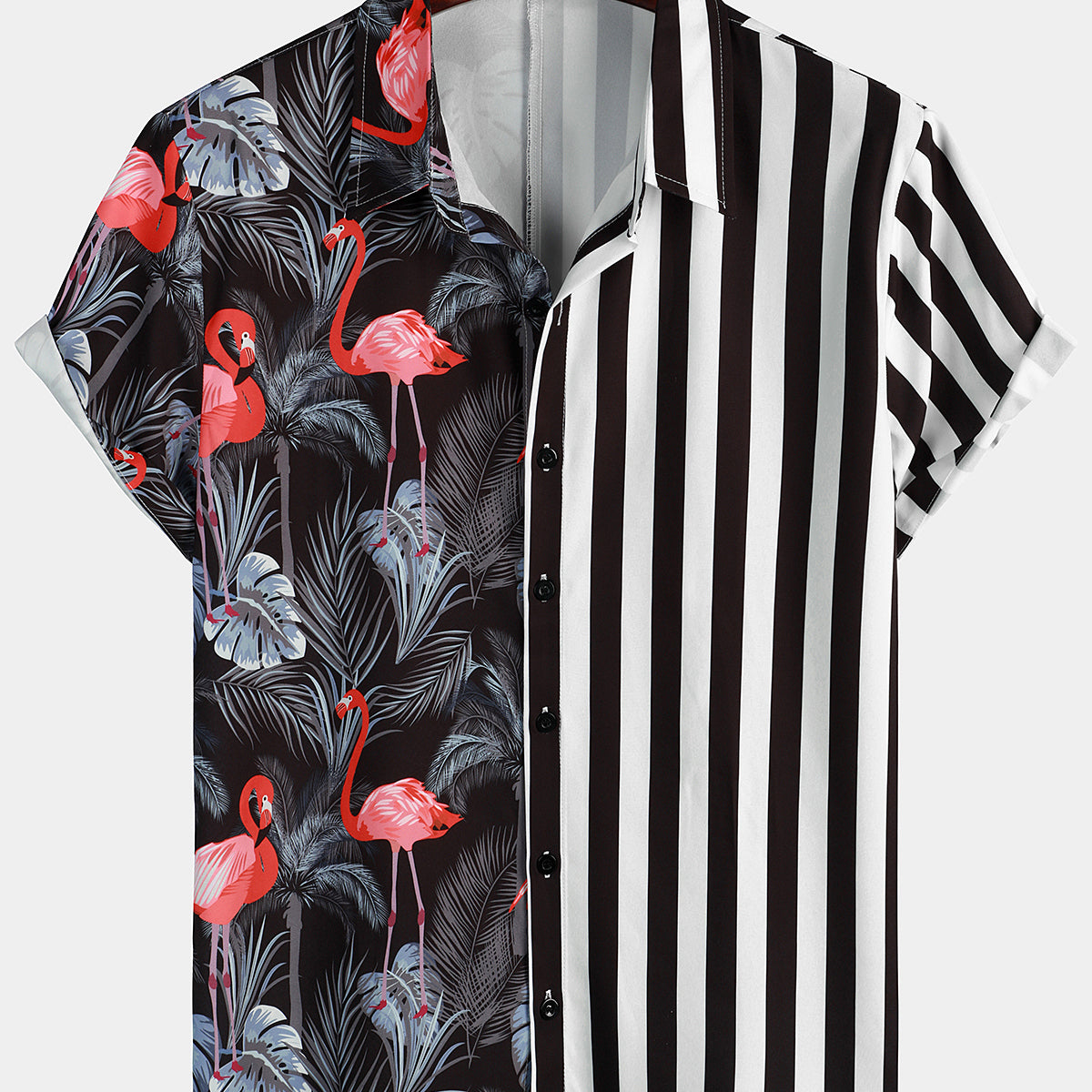 Men's Flamingo & Striped Print Holiday Short Sleeve Shirts