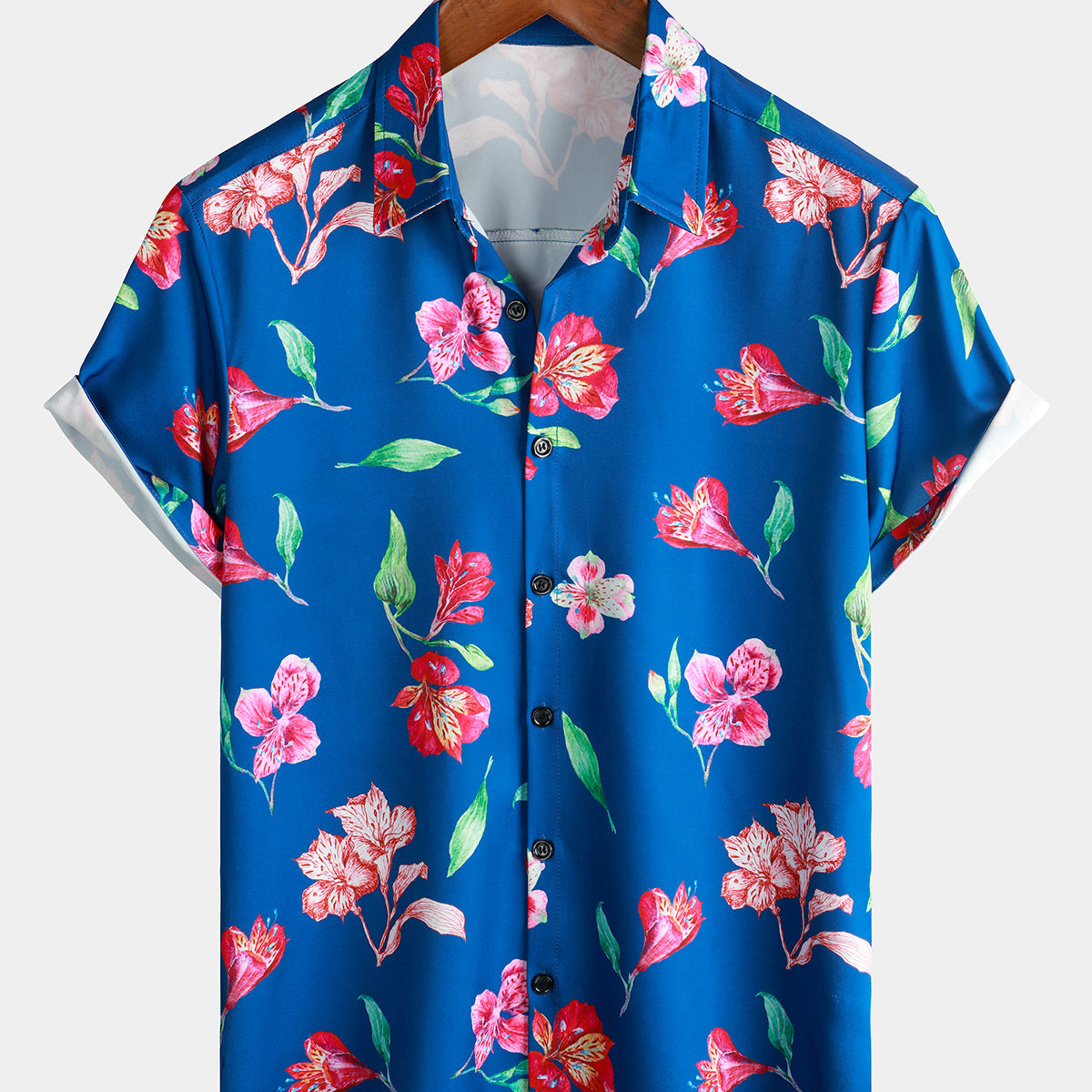 Camisa hawaiana de playa artística de manga corta con botones y flores de verano azul floral para hombre