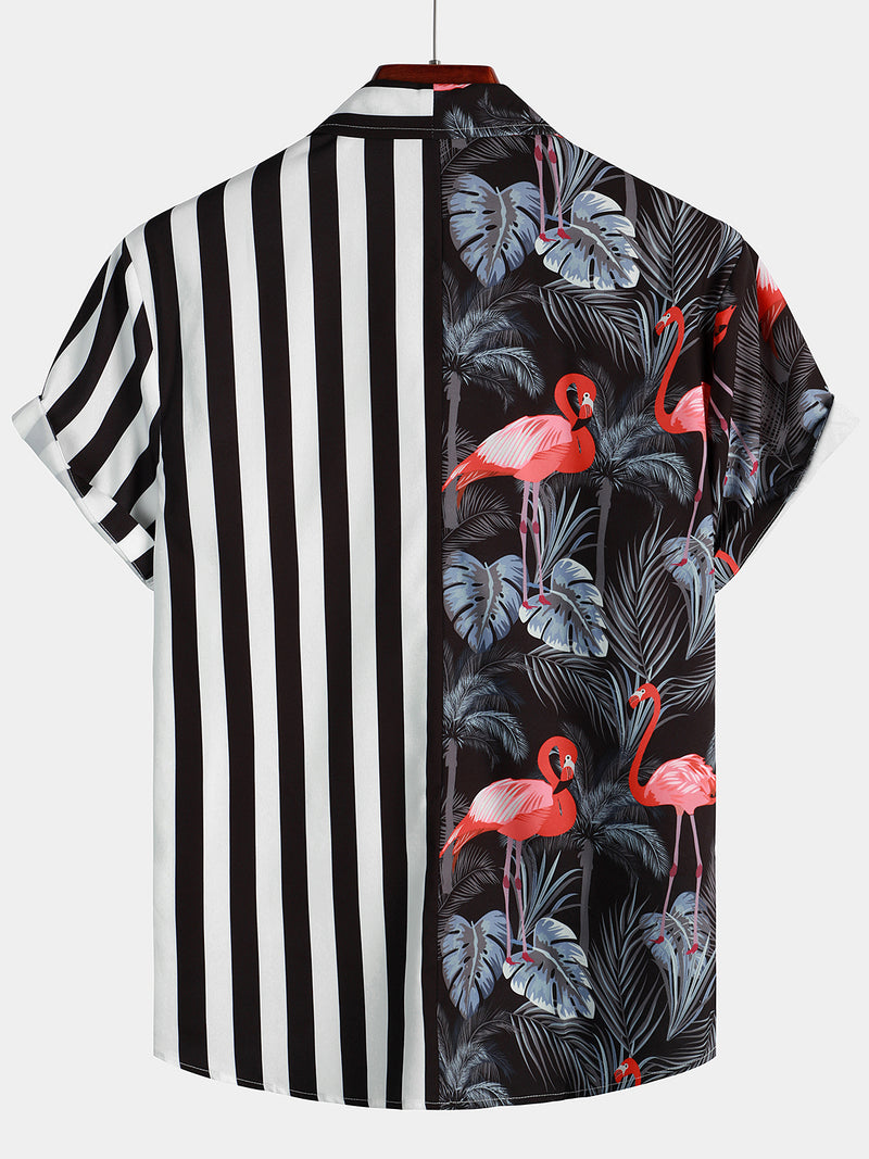 Men's Flamingo & Striped Print Holiday Short Sleeve Shirts