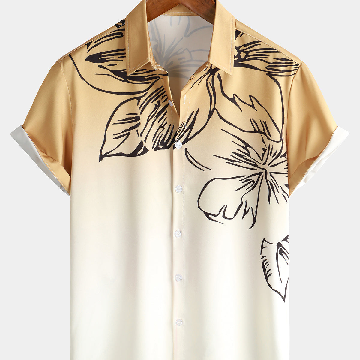 Camisa hawaiana de playa artística de manga corta con botones de verano degradado floral marrón y blanco para hombre