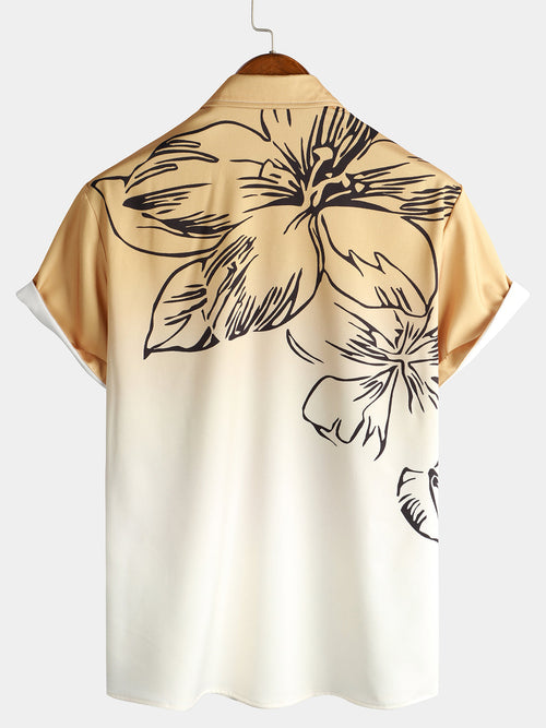 Men's Floral Brown and White Gradient Summer Button Up Flower Short Sleeve Art Beach Hawaiian Shirt