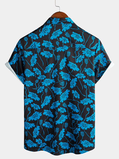 Men's Floral Beach Hoilday Blue and Black Button Up Summer Short Sleeve Shirt