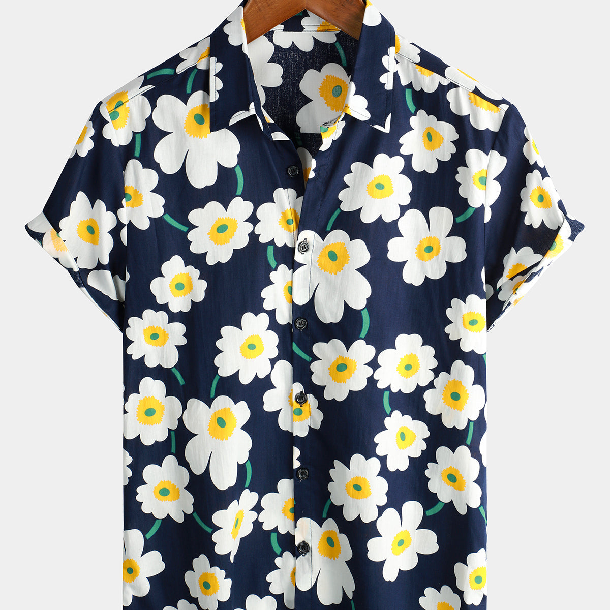 Camisa de manga corta transpirable con botones de algodón floral para vacaciones en la playa para hombre