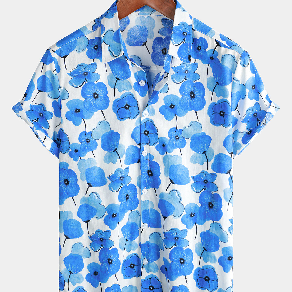 Camisa de manga corta transpirable con botones de algodón de verano floral azul para hombre