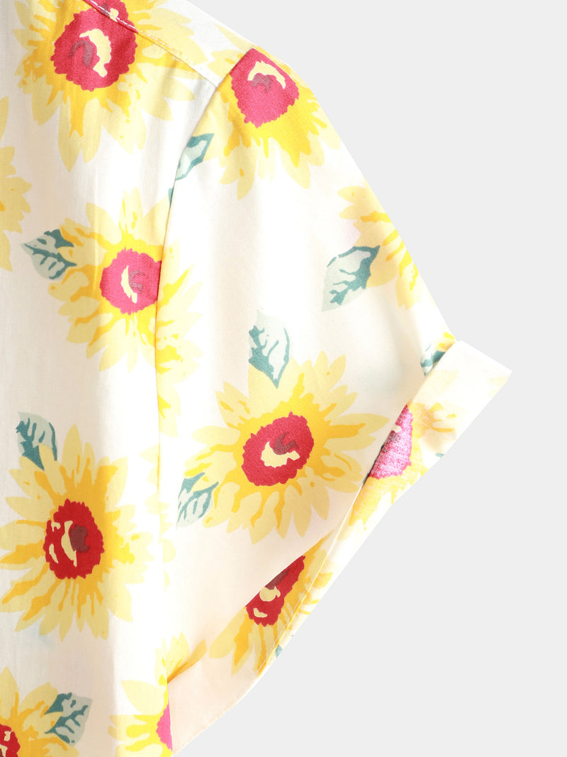 Men's Vintage Floral Cotton Sunflower Button Yellow Short Sleeve Shirt