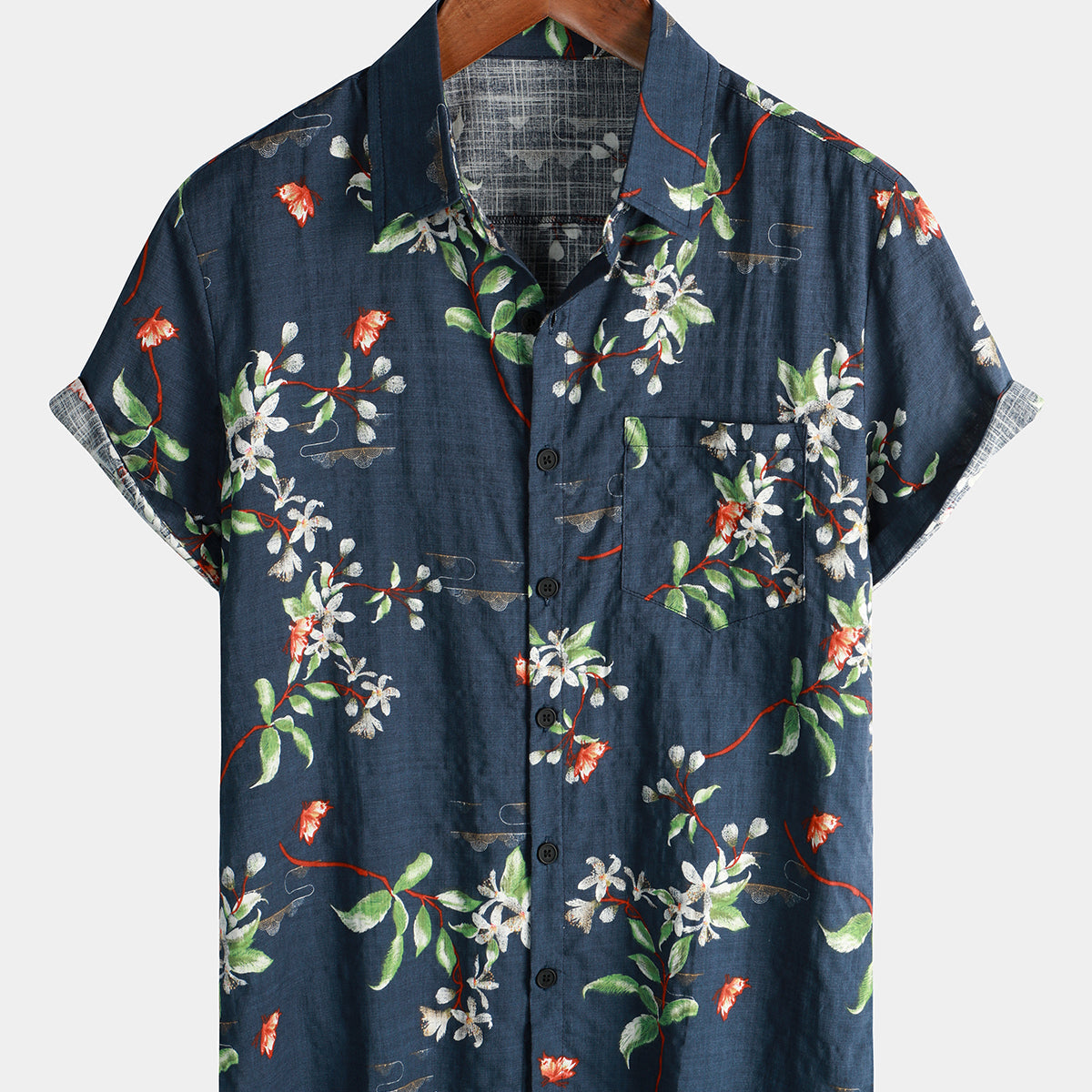 Men's Summer Tropical Floral Print Camp Pocket Navy Blue Button Up Short Sleeve Shirt