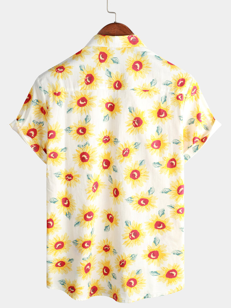 Men's Vintage Floral Cotton Sunflower Button Yellow Short Sleeve Shirt