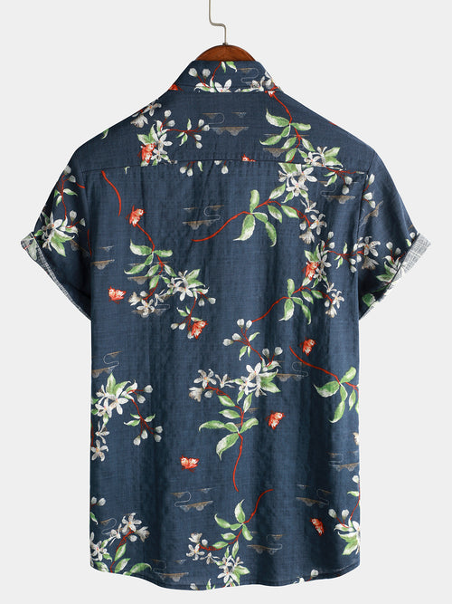 Men's Summer Tropical Floral Print Camp Pocket Navy Blue Button Up Short Sleeve Shirt