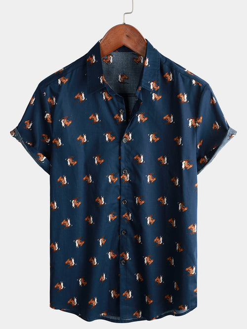 Men's Retro Western Horse Print Cowboy Button Up Hawaiian Holiday Short Sleeve Shirt