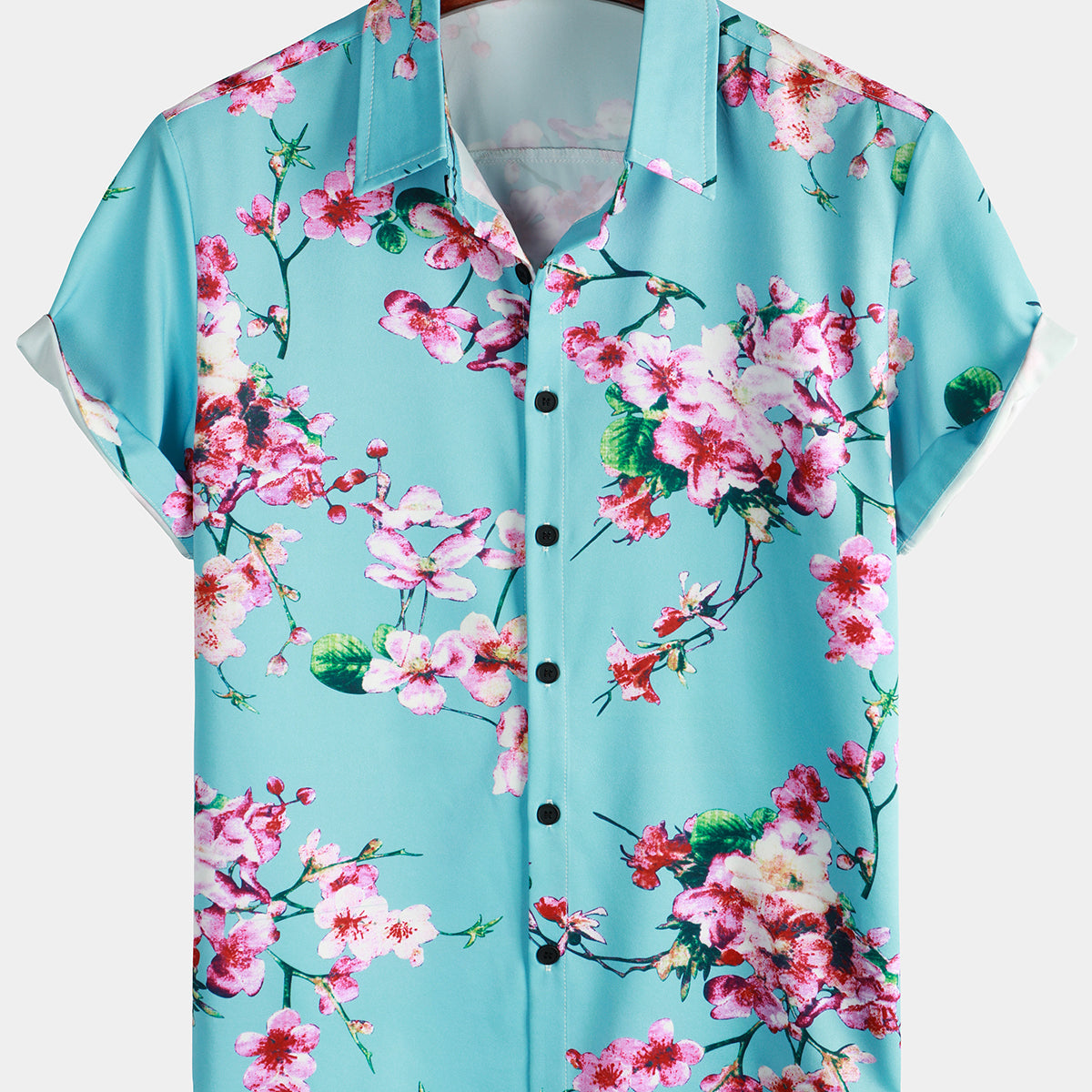 Men's Cherry Blossom Floral Print Holiday Casual Blue Short Sleeve Shirt
