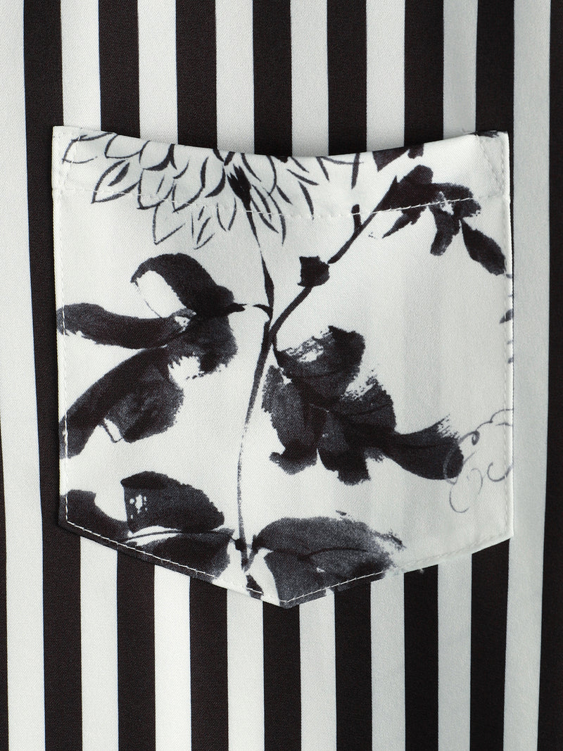 Men's Black White Striped & Floral Print Flower Summer Short Sleeve Button Up Shirt