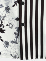 Men's Black White Striped & Floral Print Flower Summer Short Sleeve Button Up Shirt