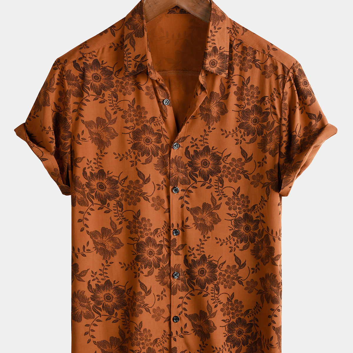 Camisa con botones de manga corta transpirable para vacaciones con flores vintage y estampado floral marrón para hombre