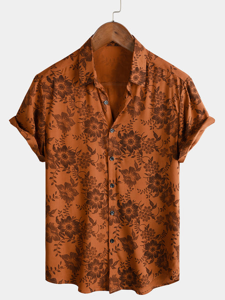 Men's Brown Floral Print Vintage Flower Holiday Breathable Short Sleeve Button Up Shirt