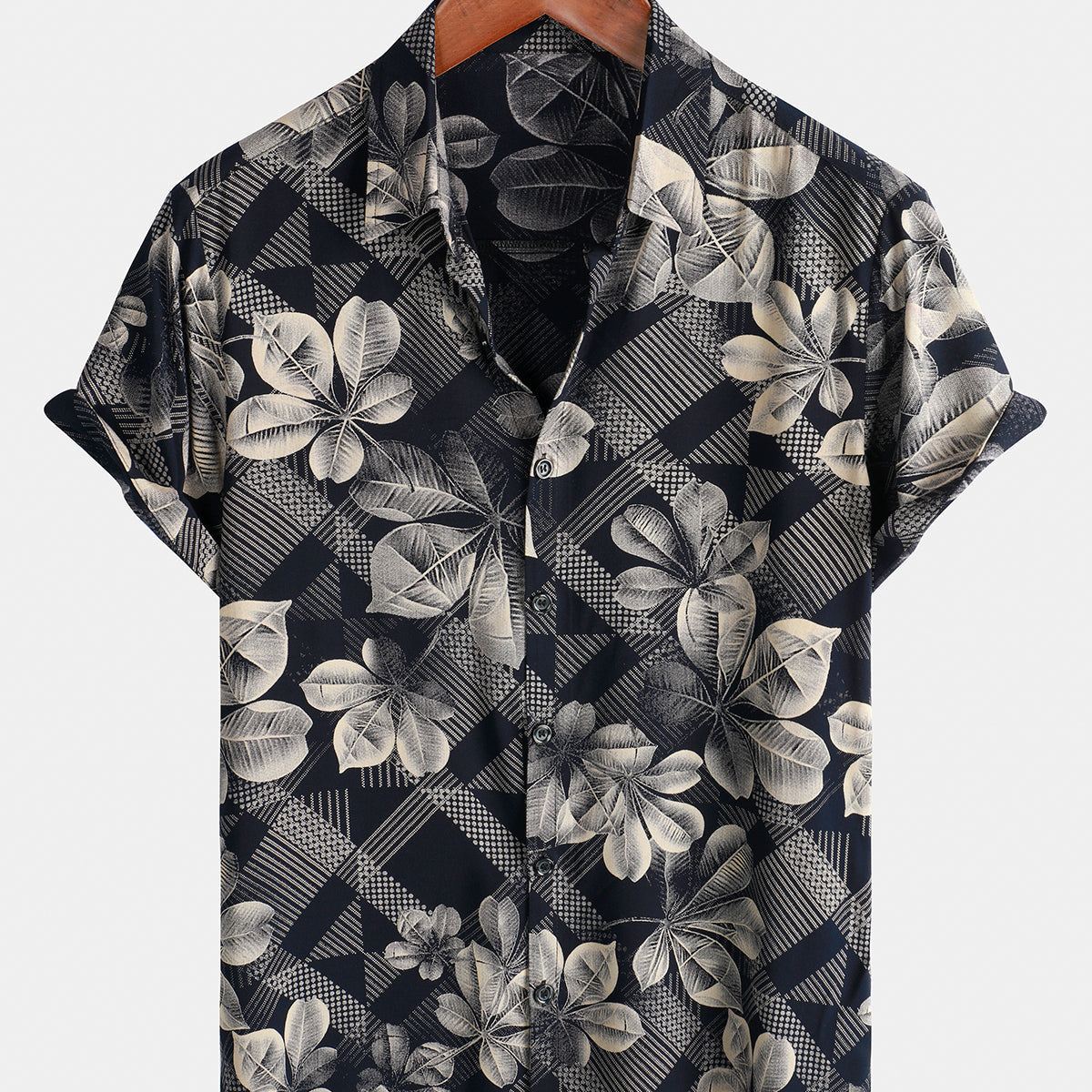 Camisa con botones de manga corta para vacaciones de Argyle a cuadros retro de algodón floral con estampado vintage para hombre