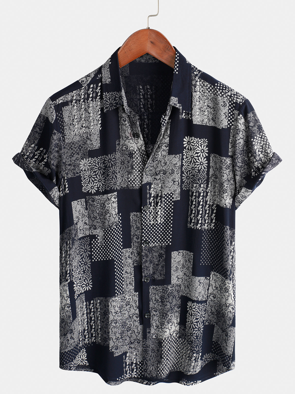 Men's Patchwork Print Daisy Floral Vintage Retro Holiday Short Sleeve Button Up Shirt