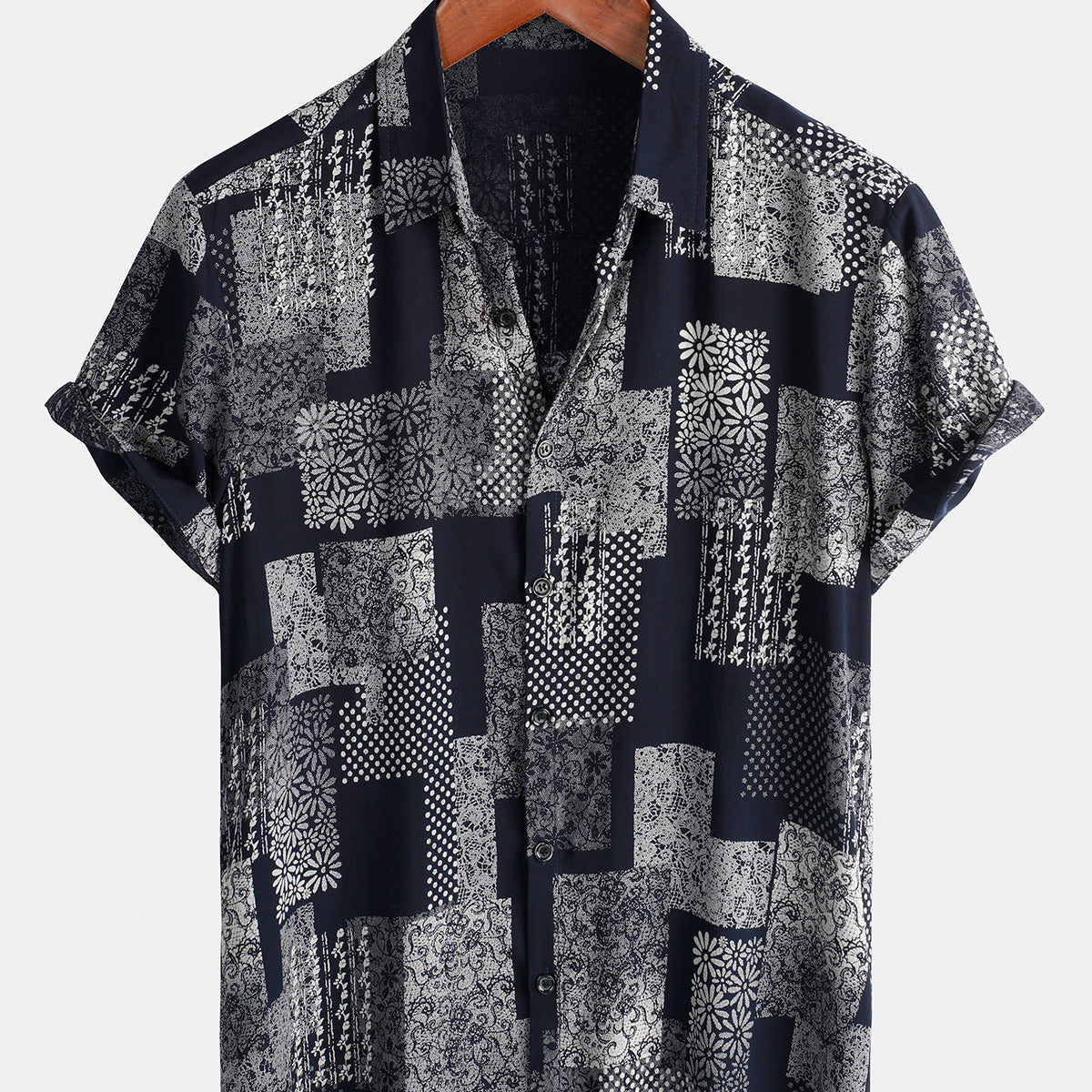 Camisa con botones de manga corta para vacaciones retro vintage floral con estampado de patchwork para hombre