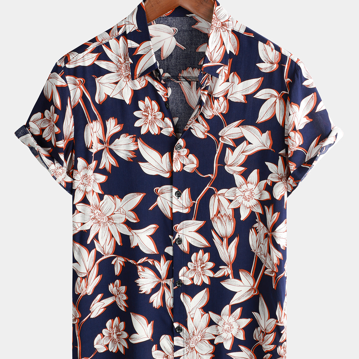 Camisa con botones de manga corta para vacaciones con flores azul marino vintage con estampado floral de verano para hombre