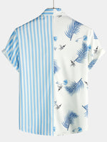 Men's Blue Striped & Leaf  Print Summer Short Sleeve Shirt